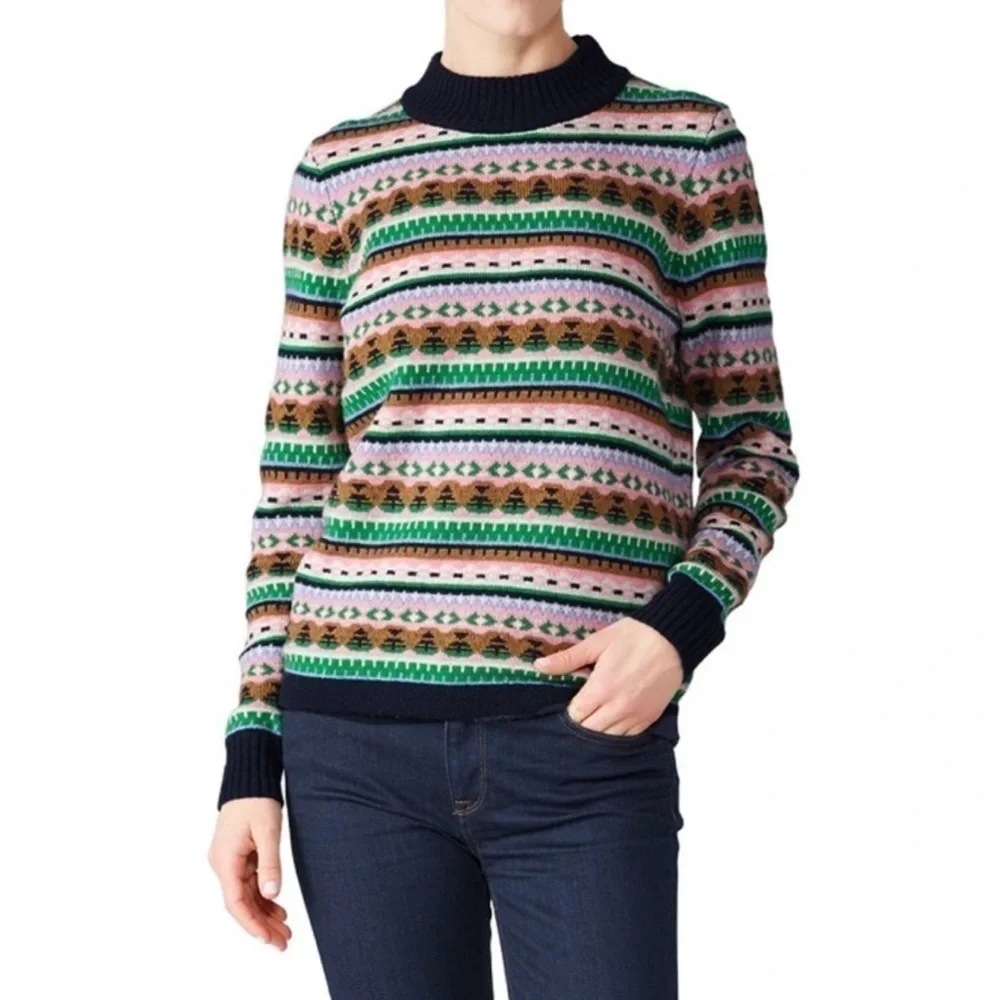 J. Crew Sweater Fair Isle Lambswool Mock Neck Knit Ribbed Pullover Holiday Small